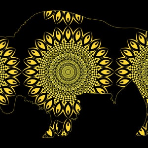May include: A black and yellow graphic of a bison silhouette. The bison is filled with intricate yellow mandala patterns. The background is solid black, creating a striking contrast. The design is detailed and symmetrical, suitable for wall art or decor.