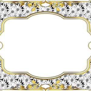 May include: Decorative frame with a white interior and a gold border. The frame is surrounded by a pattern of white daisies on a black background. Gold floral accents adorn the corners and edges, creating an elegant design.