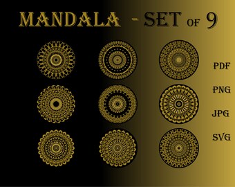 May include: Nine gold mandala designs on a black and gold gradient background. The word "MANDALA" is at the top, with "SET of 9" below it. File types PDF, PNG, JPG, and SVG are listed on the right.
