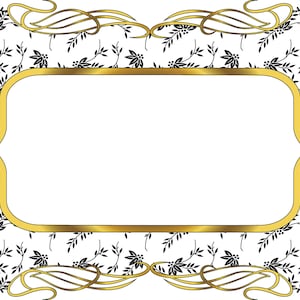May include: A decorative frame with a white interior and a gold border. The frame is surrounded by a black and white floral pattern. The design includes gold flourishes and decorative elements.