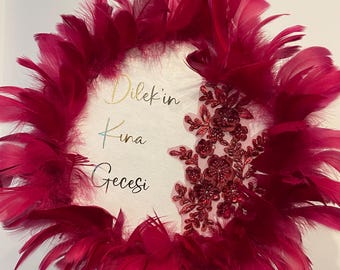 Henna Tambourine personalized Luxury Style - Isimli Kina Tefi - Nedime Tefi - Bridal Tambourine with feathers and lace - Bride Tambourine