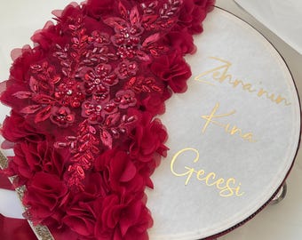 Personalized henna/bridal tambourine with lace details and chiffon flowers - Kina Gecesi tef - Isimli Tef