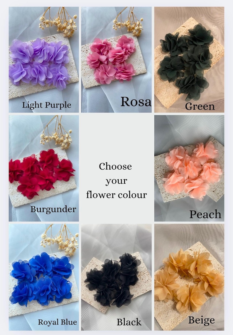 May include: A range of fabric flower embellishments in colours such as light purple, pink, green, red, peach, blue, black, and beige. Each flower is displayed on a textured square, with the colour name below. The text "Choose your flower colour" is in the centre.
