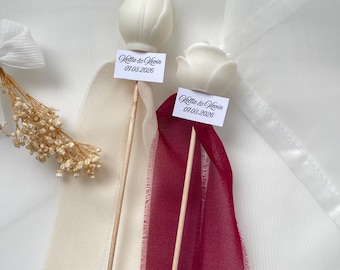Personalized tulip and rose candles made from soy wax - flower candle with ribbon - wedding favors with bamboo stem