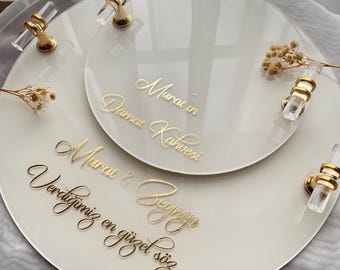 Ringbakje en ringbakje/verlovingsbakje - acrylglazen plaat met handvatten - Gepersonaliseerd verlovingsbakje