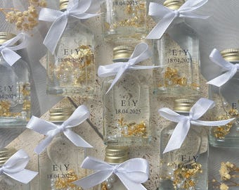 Kolonya guest gifts personalized with gypsophila, pearls & gold leaf - Isimli Hediyelik Kolonya - hip flask - liquor bottle