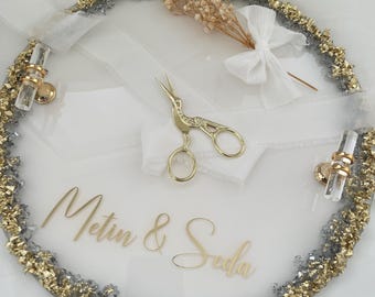 Personalized round tray with stones on the rim - Engagement tray - Ring tray - Söz Nisan Tepsi - Luxury model