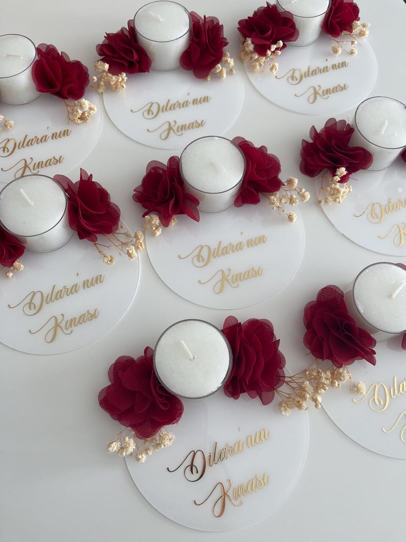 Gepersonaliseerde theelichtjes voor de handkaarsen voor een henna-avond - Isimli Kina Gecesi Mumlari - Handkaarsen voor bruidsmeisjes afbeelding 1