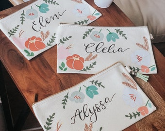 Custom Hand Painted Floral Canvas Zip Pouch: Personalized Calligraphy