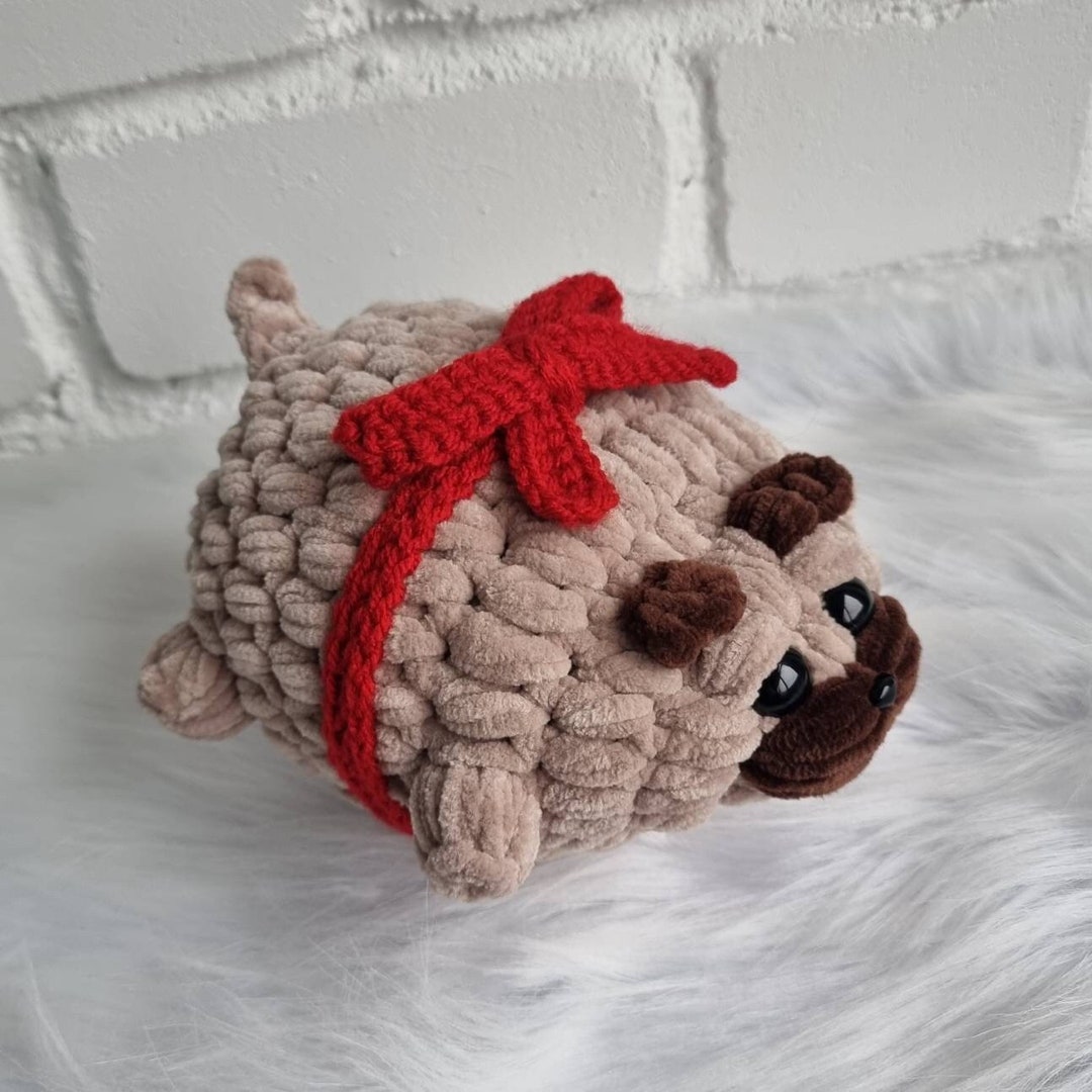 Crochet CHUBBY PUG With a Ribbon 18cm, Plush Toy , Amigurumi Potato Pug, Kawaii Plush, Cute Gift