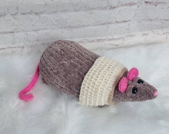 Knitted CUTE RAT 19cm with a crochet sweater,brown rat, kawaii animal, cute gift for friend or for yourself, cute stuff.