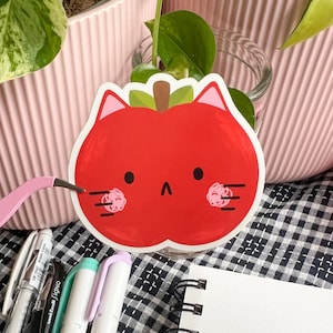 Apple Cat // Glossy Vinyl Sticker // Hand Drawn Illustration