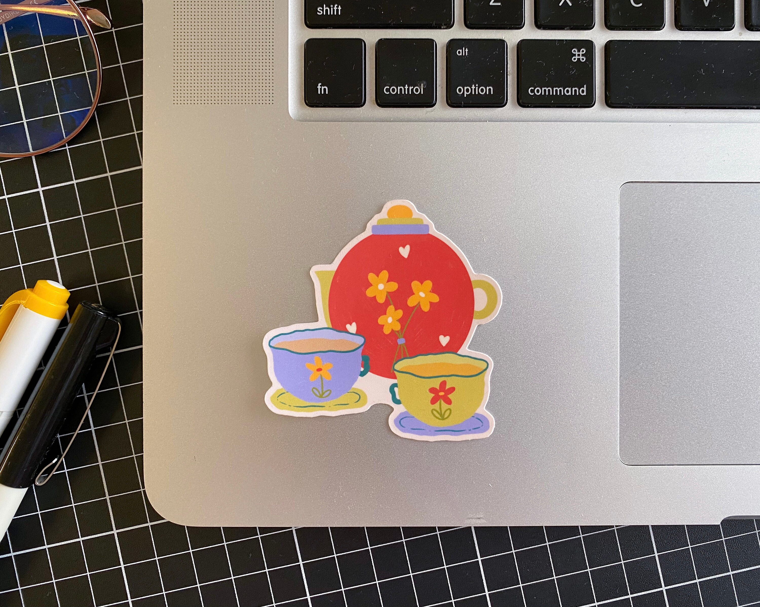 Tea Set // Tea Pot With Tea Cups // Glossy Vinyl Sticker // Etsy