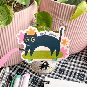 Skateboarding Cat with Good Vibes // Glossy Vinyl Sticker // Hand Drawn Illustration