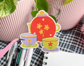 Tea Set // Tea Pot with Tea Cups // Glossy Vinyl Sticker // Hand Drawn Illustration