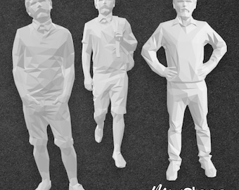 Robert - Set of Three Low Poly Scale Figures of a male with a Mustache and Beard wearing Casual Clothing.