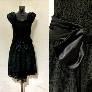 80s Vintage Prom Dress Retro Party Black Floral Shiny Midi Dress Retro Disco Evening Cocktail Gown Avant Gard 1980s Bow Tie Dress Size M/L