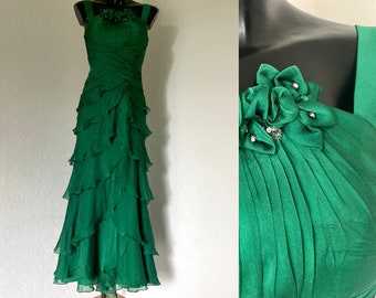 80s Vtg Prom Smaragd Green Ruffle Layered Ball Dress Retro Party Maxi Draped Dress Coffin Ruched Evening Dress Frill Wiggle Dress Size XS
