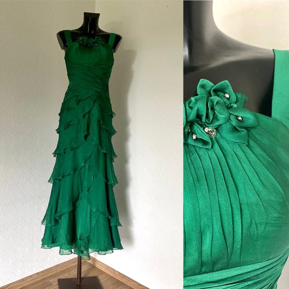 80s Vtg Prom Smaragd Green Ruffle Layered Ball Dr… - image 1