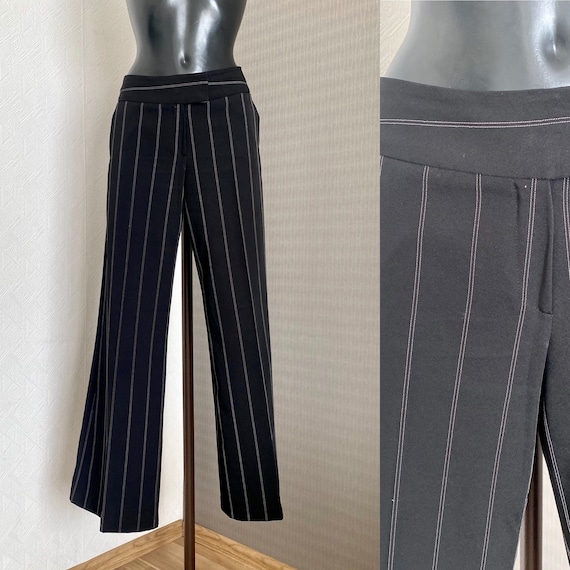 90s Vintage Black Striped Wide Leg Pants Formal Women's Flare Leg