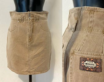Falda estilo tulipán de mezclilla beige de los años 90, falda lápiz con parches, falda vaquera, minifalda de uso diario, falda de cintura alta, para la vuelta al cole, talla M