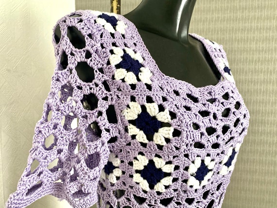 Hand Made Vintage Crochet Purple Top Warm Wool Wo… - image 4