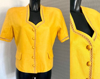 Vintage Yellow Linen Blouse Sweetheart Button Up Indian Blazer Embroidered Lace Short Sleeves Shirt Bright Jacket Elegant Blouse Size M/L
