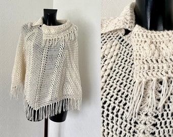 Crochet Poncho White Vintage Knit Boho Fringed Cape Hippie Collared Bohemian Fringe Warm Scarf Poncho Style Triangle Sweater Shawl
