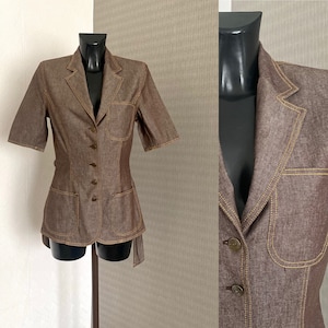 Vintage Brown Denim Jacket 90s Women&#39;s Short Sleeve Blazer Jacket Fitted Cotton Denim Bow Tie Blouse Office Wear Long Jacket Size S/M