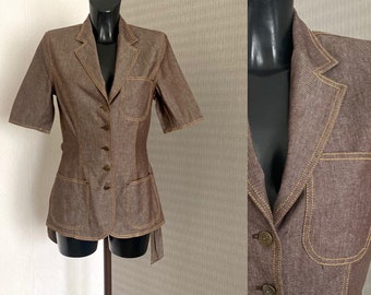 Vintage Brown Denim Jacket 90s Women's Short Sleeve Blazer Jacket Fitted Cotton Denim Bow Tie Blouse Office Wear Long Jacket Size S/M