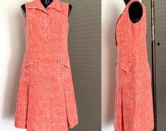 Women&#39;s Dress Orange Salmon Dress 70s Vintage ShirtDress Sleeveless Summer Office White Stripes Button up Dress Dressing Gown Dress Size M/L