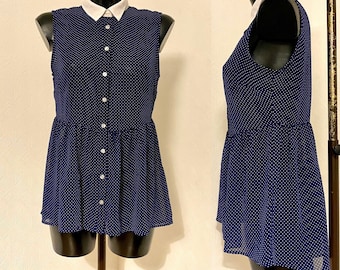 Polka Dot Blue Blouse 1990s Vintage Top Sleeveless Transparent Shirt Peplum Blouse Beach Summer White Collar Light Blouse Top Size S/M