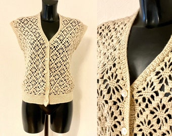 Beige Vintage Crochet Summer Knit Vest Transporent Blouse Sleeveless Knitted Jacket Boho Bohemian Beach Sexy Crochet Button up Top Size M