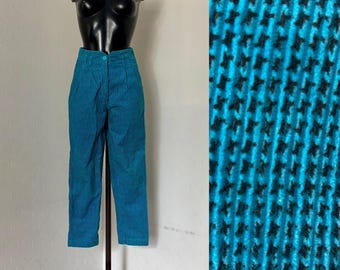 90s Vtg Turquoise Velvet Corduroy Pants Houndstooth Pattern Retro Women's Vintage Trousers High Waist Tapered Pants Straight Pants Size S