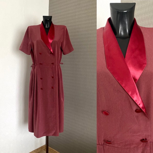 Damen Burgund Kleid 1970 Vintage Shirtdress kurze Ärmel Schal Kragen Kleid Button bis Smock-Stil Kleid Wrap Verschluss Kleid Größe L