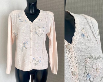 Vintage 90's étnico folk lino rosa claro cárdigan chaqueta de punto cardigan invierno clásico chaqueta de punto bordado adornos jumper tamaño M / L