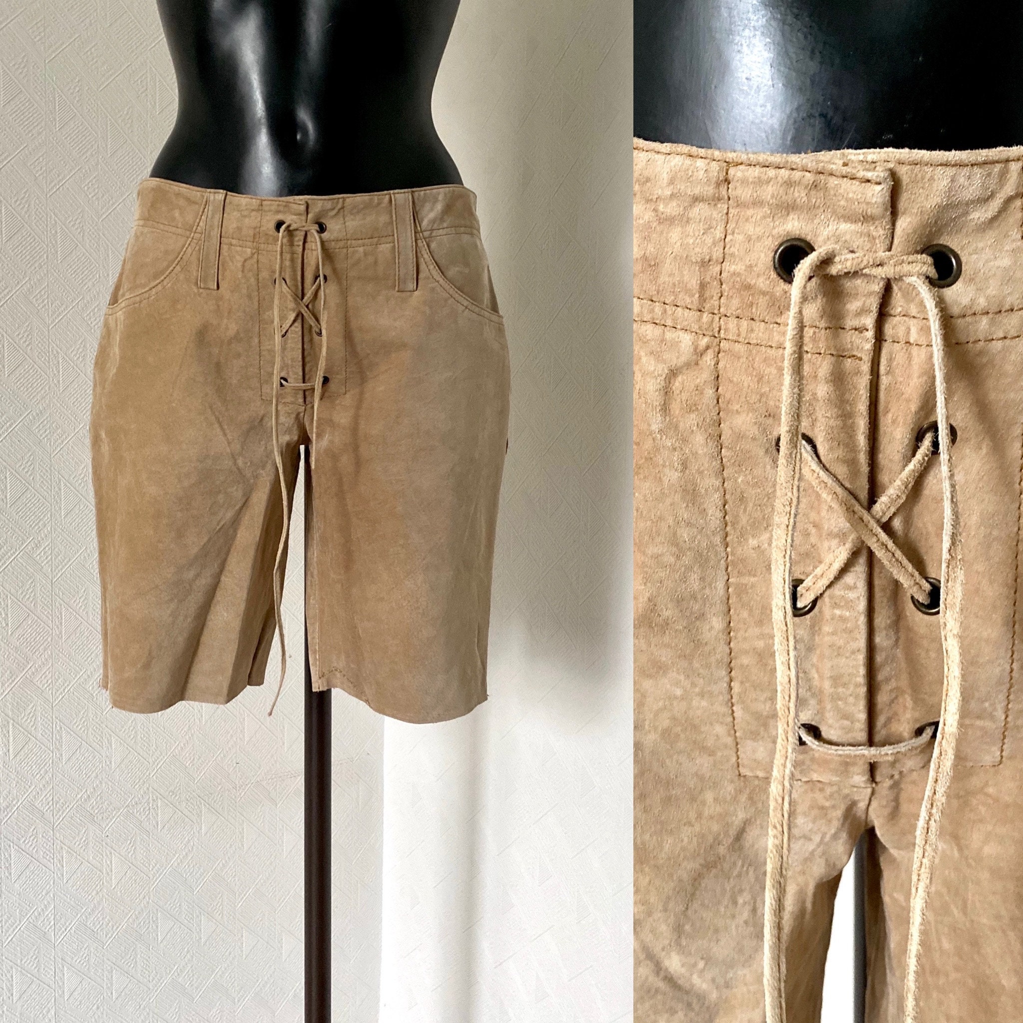 Beige Brown Suede Leather Shorts Dirndl 
