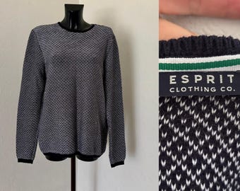 ESPRIT Men's Black and White Checkered Sweater Warm Cotton Winter Pullover Sweater Knitted Christmas Gift Soft Polka dot Check Jumper Size L