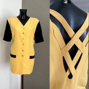 Yellow Black Jacket Vintage Decorative Stripe Open Back Blazer 1980s Black Short Sleeve Tee Classic V Neck Cardigan Yellow Button up Size M