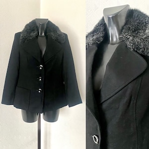 1990s Vintage Wool Women&#39;s Blazer Black Spring Autumn Jacket Cardigan Long Sleeves Blazer Fur Gray Collar Button Up Warm Jacket Size M/L