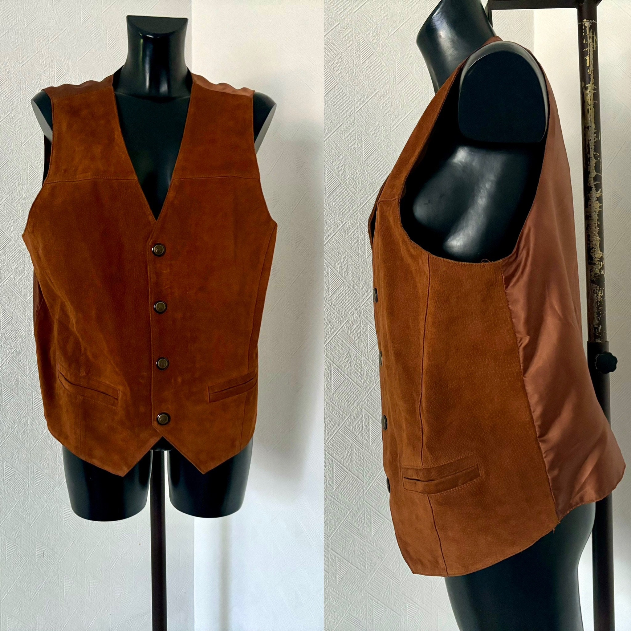 Vtg Brown Leather Men's Steampunk Vest Button up Suede Leather Waistcoat Biker Motorcycle Vest Fetish Back Satin Sleeveless Jacket Size L