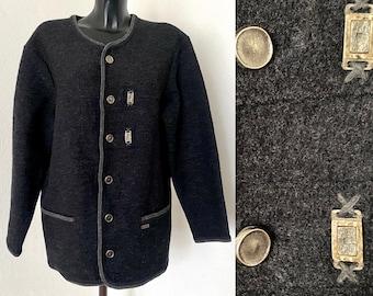 90's Vintage Womens Dark Gray Knitted Wool Jacket Warm Knit Cardigan Nordic Jacket Button up Sweater Gift for Mom Octoberfest Jacket Size 50