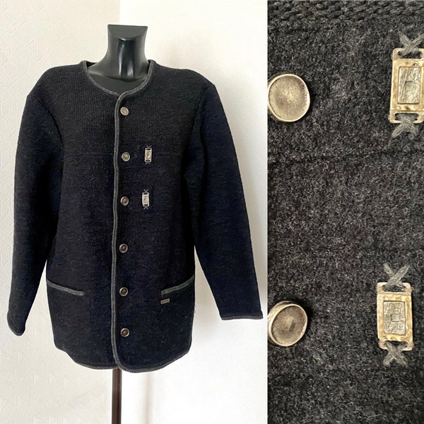 90er Vintage Damen dunkelgrau gestrickte Wolle Jacke warme Strick Cardigan nordische Jacke Button up Pullover Geschenk für Mama Oktoberfest Jacke Größe 50