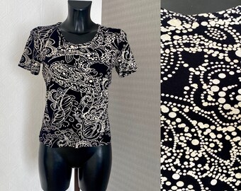 Top de manga corta de manga corta de manga corta top manga negra y beige floral top M/L