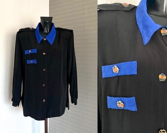Women's Black Blouse Relaxed Padded Shirt Floral Stone Button Up Shirt Vintage Blue Collared Top 90's Teachers Wear Military Blouse Size M/L