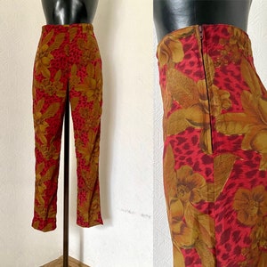 Vtg Extra High Waist Silky Pants 80s Light Weight Summer Office Wear Pants Bright Orange Floral Animal Print Trousers Made in Italy Size S