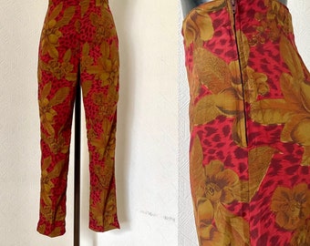 Vtg Extra High Waist Silky Pants 80s Light Weight Summer Office Wear Pants Bright Orange Floral Animal Print Trousers Made in Italy Size S