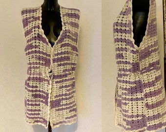 Chaleco vintage púrpura a rayas blancas Chaleco de punto de ganchillo largo y cálido Chaqueta de punto sin mangas Boho Boho Beach Sexy Open Top Tamaño L / XL