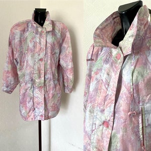 80er Jahre Vintage Bunte Hellrosa Abstrakte Jacke Lange Parka Hipster Abstrakt Crazy Gepolsterter Regenmantel Lila Hipster Oversize Mantel Größe XL