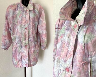 80s Vintage Colorful Light Pink Abstract Jacket Long Parka Hipster Abstract Crazy Padded Rain Coat Purple Hipster Oversize Coat Size XL